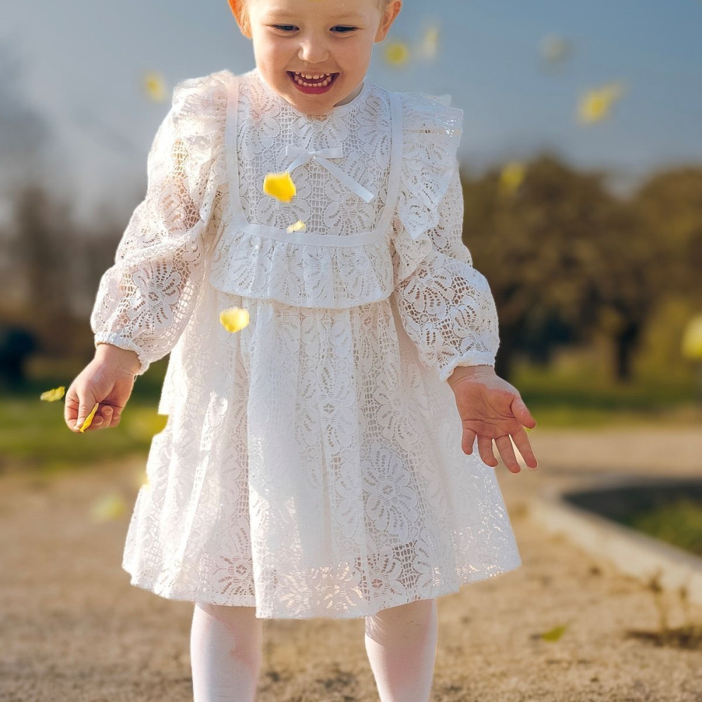 BabyAnimals Dantelli Kare Yaka Kız Çocuk Elbise Beyaz