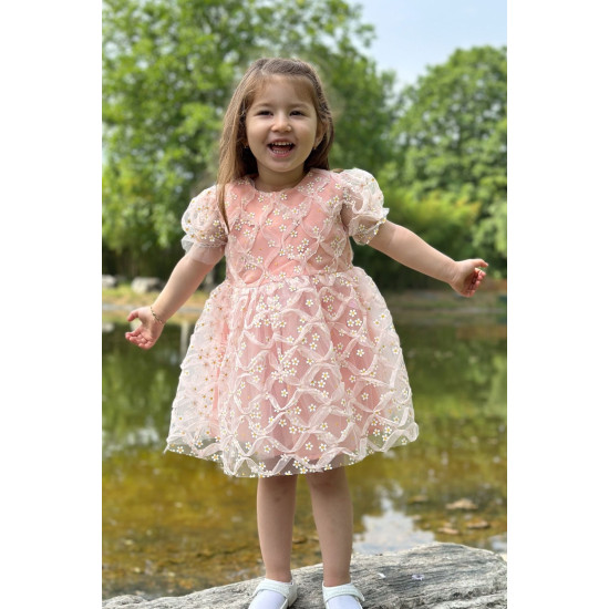 Kız Bebek Elbise Kız Çocuk Elbise Doğum Günü Parti Düğün Elbise Dantelli Kısa Kol Astarlı Elbise