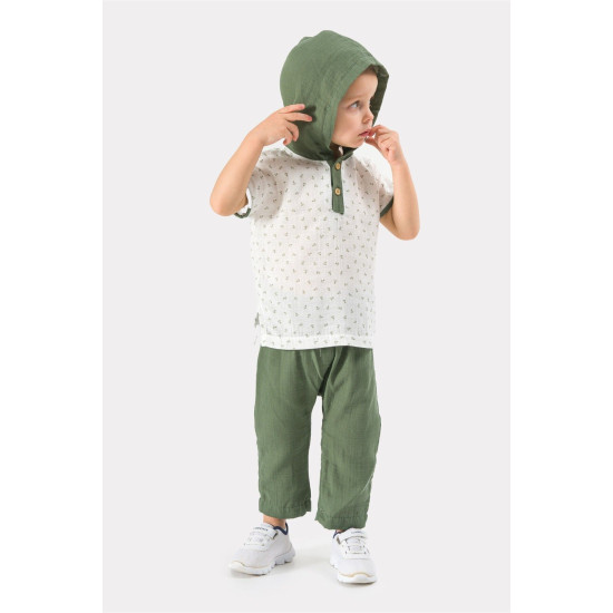 Erkek Bebek Şapkalı Yazlık Müslin Kumaş Müslin Alt Üst Bebek Takımı