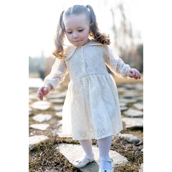 Kız Bebek Elbise Kız Çocuk Elbise Doğum Günü Parti Düğün Elbise Uzun Kol Astarlı Dantelli Bebek Krem