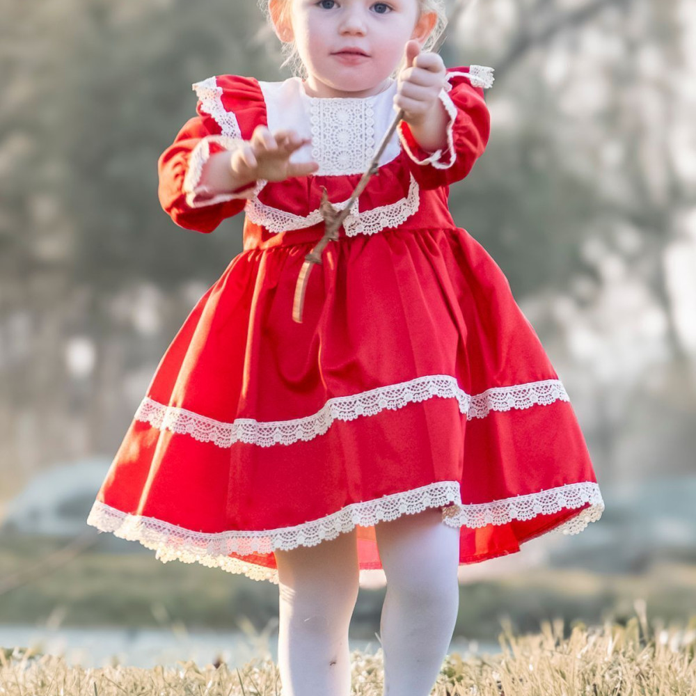 BabyAnimals Dantelli Saten Kız Çocuk Elbise Kırmızı