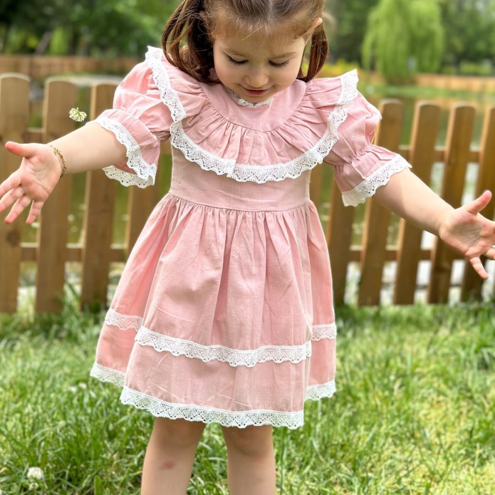 Kız Bebek Elbise Kız Çocuk Elbise Doğum Günü Parti Düğün Elbise Dantelli Kısa Kol Astarlı Elbise Pembe