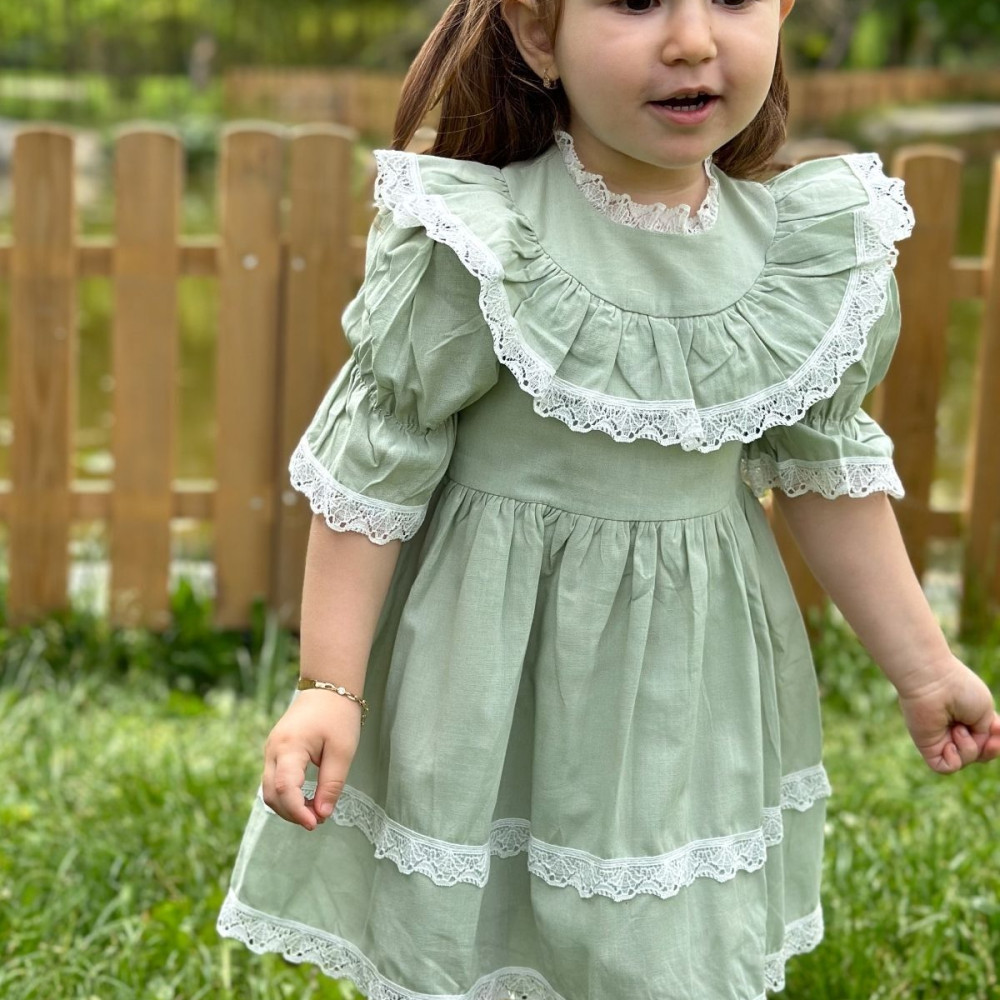 Kız Bebek Elbise Kız Çocuk Elbise Doğum Günü Parti Düğün Elbise Dantelli Kısa Kol Astarlı Elbise Yeşil