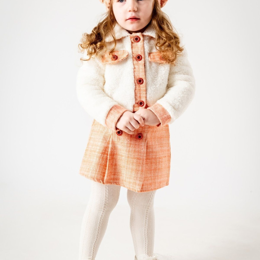 Kız Çocuk Kız Bebek Hırkalı Şapkalı Etekli Welsoft Peluş Oduncu Üçlü elbise takım Turuncu