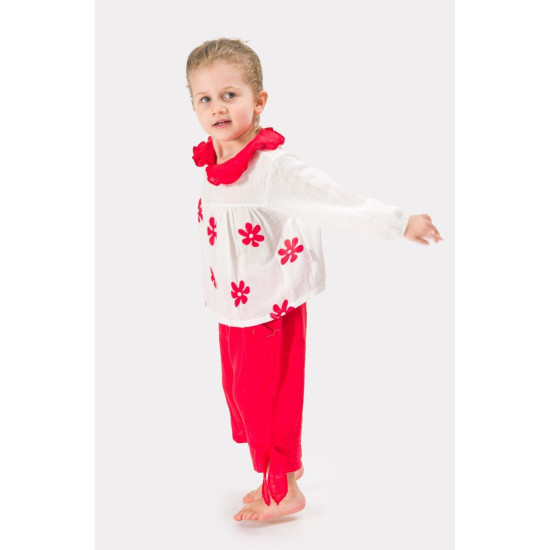 Kız Çocuk Uzun Kollu Müslin Kumaş Çiçek Baskılı Müslin Alt Üst Bebek Takımı