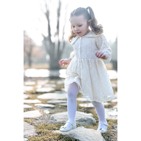 Kız Bebek Elbise Kız Çocuk Elbise Doğum Günü Parti Düğün Elbise Uzun Kol Astarlı Dantelli Bebek Krem
