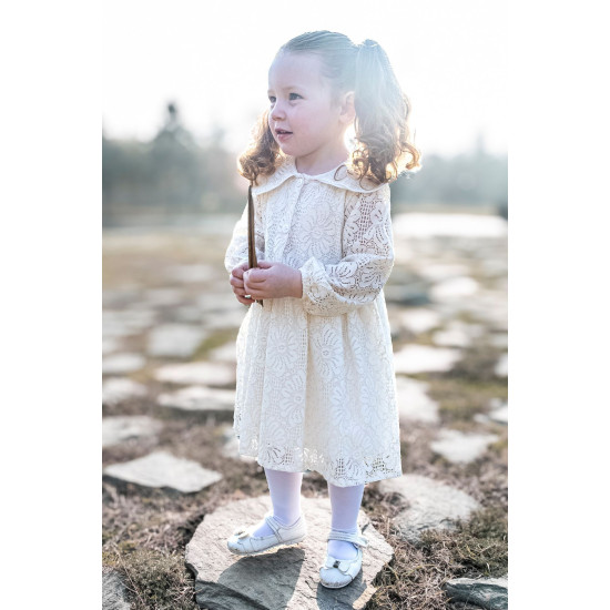 Kız Bebek Elbise Kız Çocuk Elbise Doğum Günü Parti Düğün Elbise Uzun Kol Astarlı Dantelli Bebek Krem