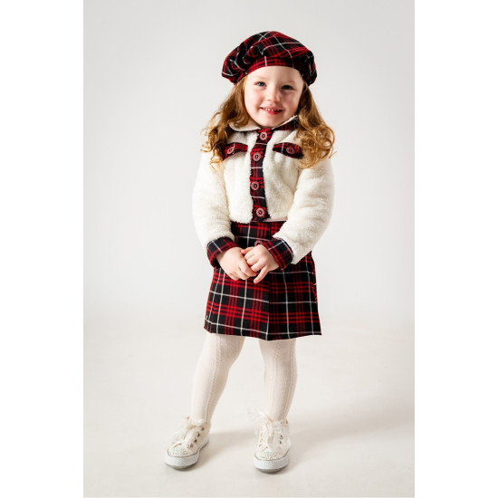 Kız Çocuk Kız Bebek Hırkalı Şapkalı Etekli Welsoft Peluş Oduncu Üçlü elbise takım Kırmızı