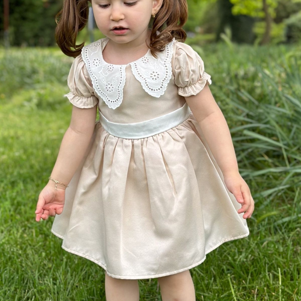 Kız Bebek Elbise Kız Çocuk Elbise Doğum Günü Parti Düğün Elbise Dantelli Kısa Kol Astarlı Krem