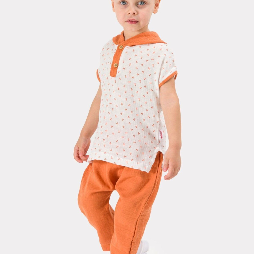 Erkek Bebek Şapkalı Yazlık Müslin Kumaş Müslin Alt Üst Bebek Takımı