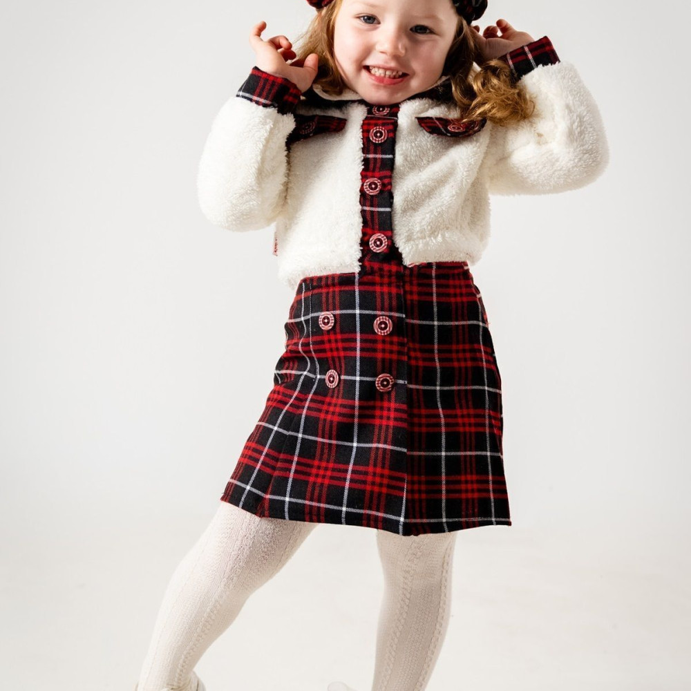 Kız Çocuk Kız Bebek Hırkalı Şapkalı Etekli Welsoft Peluş Oduncu Üçlü elbise takım Kırmızı 