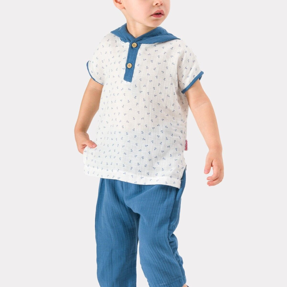 Erkek Bebek Şapkalı Yazlık Müslin Kumaş Müslin Alt Üst Bebek Takımı Mavi