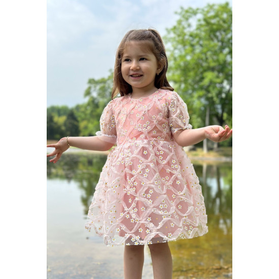 Kız Bebek Elbise Kız Çocuk Elbise Doğum Günü Parti Düğün Elbise Dantelli Kısa Kol Astarlı Elbise