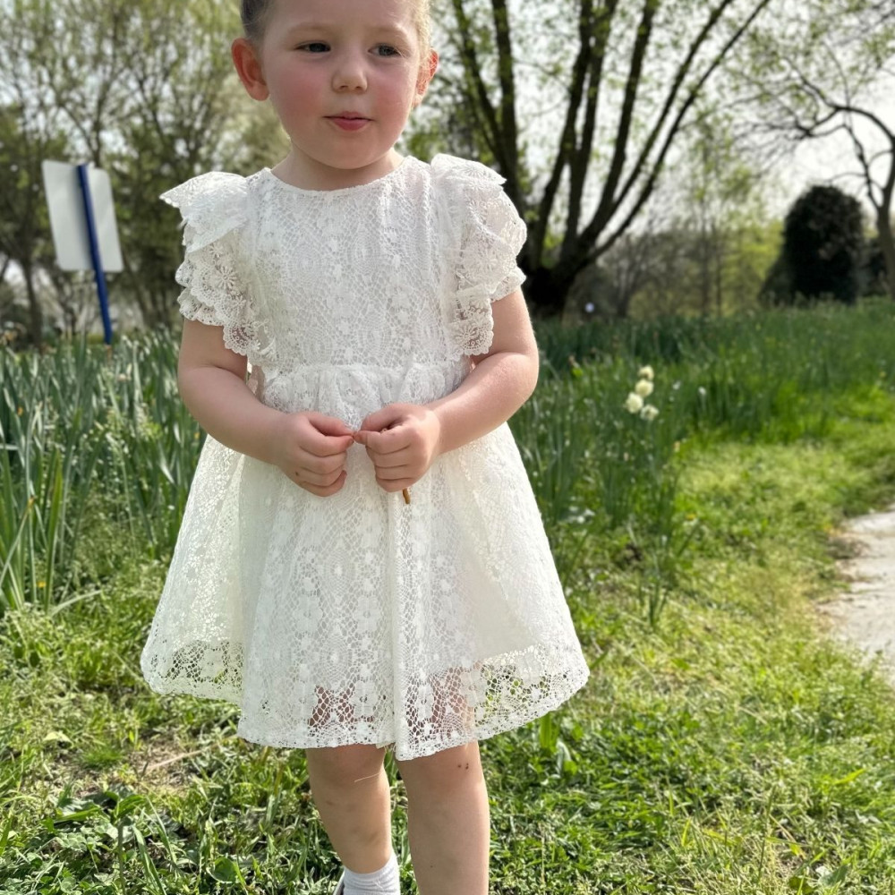 Kız Bebek Elbise Kız Çocuk Elbise Doğum Günü Parti Düğün Elbise Dantelli Kısa Kol Astarlı Elbise Krem