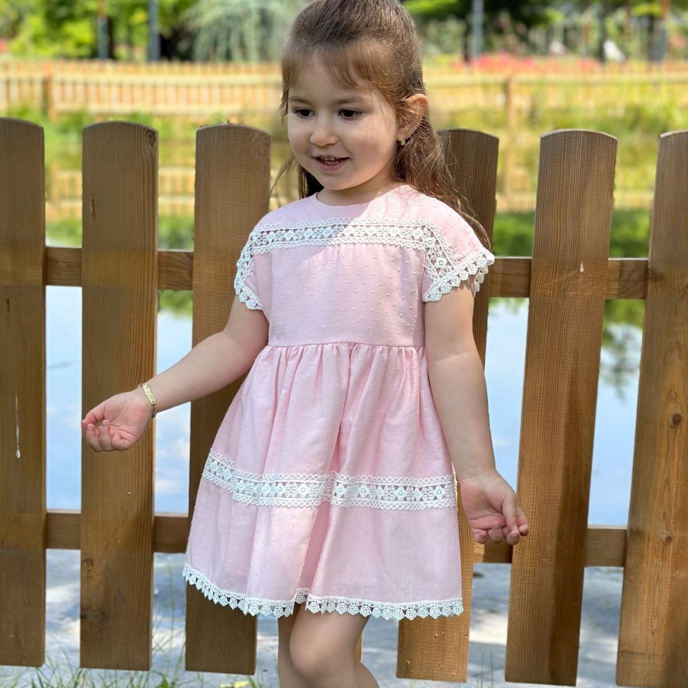 Kız Bebek Elbise Kız Çocuk Elbise Doğum Günü Parti Düğün Elbise Dantelli Kısa Kol Astarlı Elbise Pembe