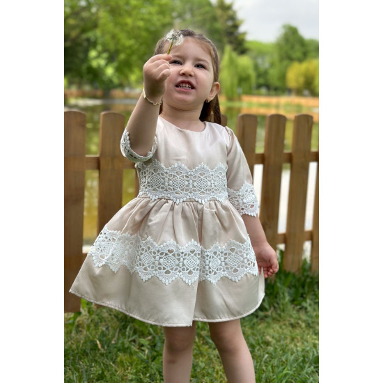Kız Bebek Elbise Kız Çocuk Elbise Doğum Günü Parti Düğün Elbise Dantelli Kısa Kol Astarlı Elbise
