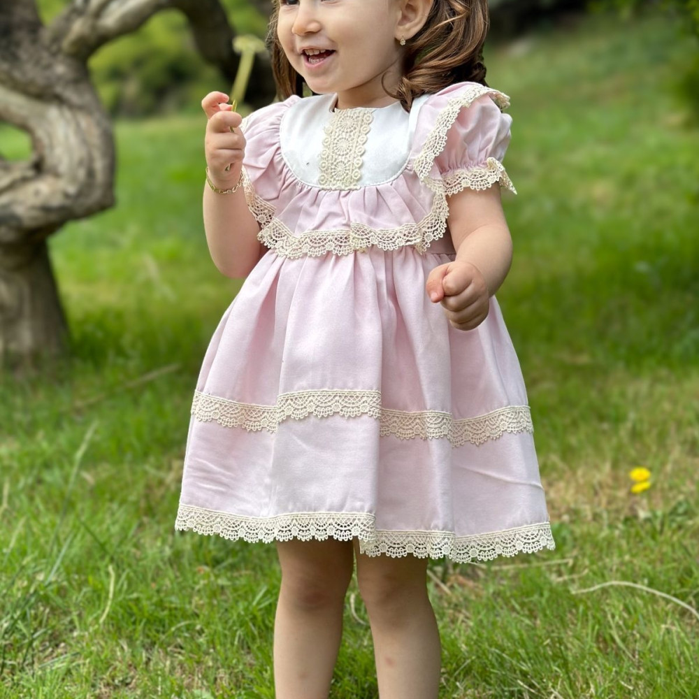 Kız Bebek Elbise Kız Çocuk Elbise Doğum Günü Parti Düğün Elbise Dantelli Kısa Kol Astarlı Elbise Pembe 