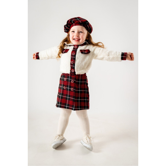 Kız Çocuk Kız Bebek Hırkalı Şapkalı Etekli Welsoft Peluş Oduncu Üçlü elbise takım Kırmızı