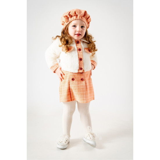 Kız Çocuk Kız Bebek Hırkalı Şapkalı Etekli Welsoft Peluş Oduncu Üçlü elbise takım