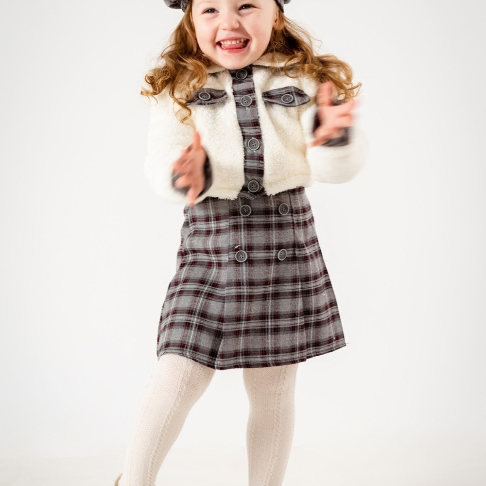 Kız Çocuk Kız Bebek Hırkalı Şapkalı Etekli Welsoft Peluş Oduncu Üçlü Elbise Takım Gri 