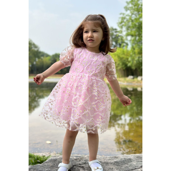 Kız Bebek Elbise Kız Çocuk Elbise Doğum Günü Parti Düğün Elbise Dantelli Kısa Kol Astarlı Elbise