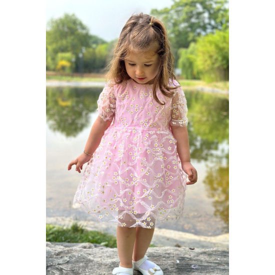 Kız Bebek Elbise Kız Çocuk Elbise Doğum Günü Parti Düğün Elbise Dantelli Kısa Kol Astarlı Elbise