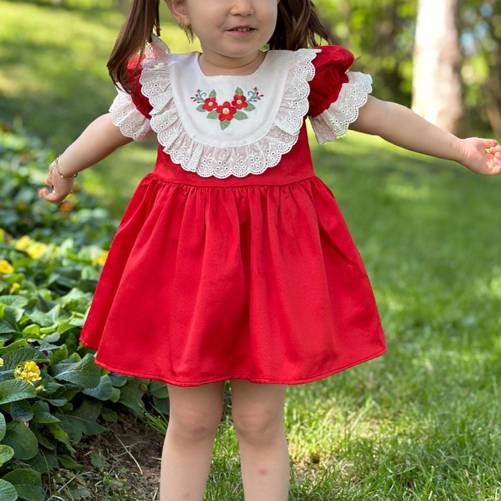 Kız Bebek Elbise Kız Çocuk Elbise Doğum Günü Parti Düğün Elbise Dantelli Kısa Kol Astarlı Kırmızı