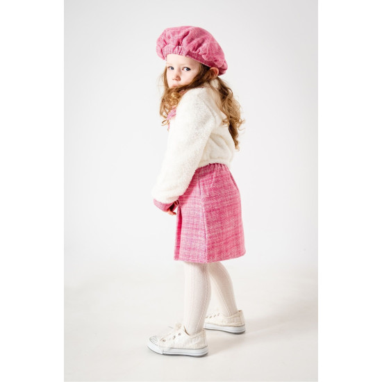 Kız Çocuk Kız Bebek Hırkalı Şapkalı Etekli Welsoft Peluş Oduncu Üçlü elbise takım Pembe
