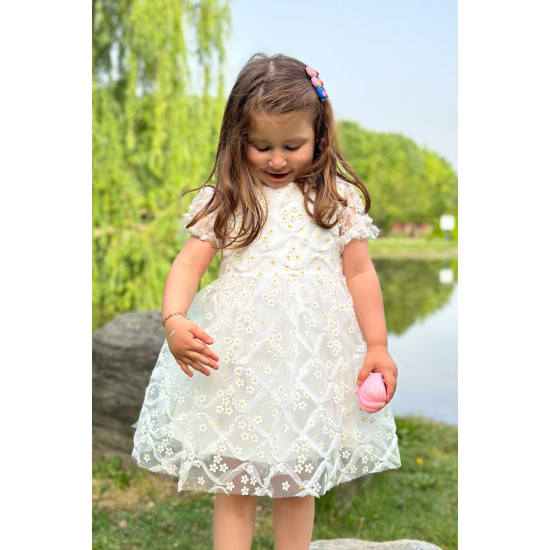 Kız Bebek Elbise Kız Çocuk Elbise Doğum Günü Parti Düğün Elbise Dantelli Kısa Kol Astarlı Elbise