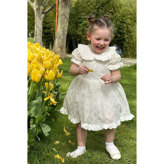Kız Bebek Elbise Kız Çocuk Elbise Doğum Günü Parti Düğün Elbise Dantelli Kısa Kol Astarlı Elbise