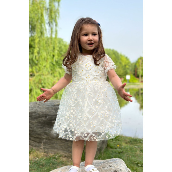 Kız Bebek Elbise Kız Çocuk Elbise Doğum Günü Parti Düğün Elbise Dantelli Kısa Kol Astarlı Elbise