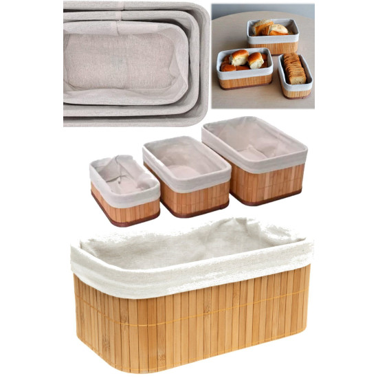 Bambu Üçlü Sepet Mutfak Çeyizlik 3 Boy Kaliteli 3 Parça Ekmek Sepeti Meyve Sofra Aksesauarı