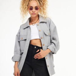 Kadın Gri Kaşe Oversize Çift Cepli Kışlık Ceket Spor Koton Yün Oduncu Gömlek Ceket 3270242