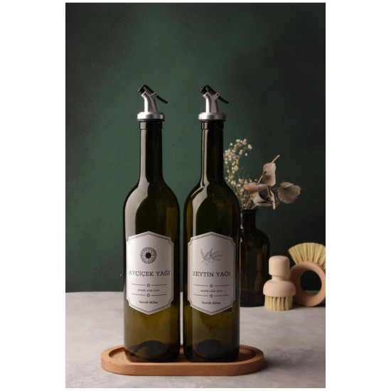 Ahşap Stantlı altlıklı   2'li 750 Ml Zeytinyağı Sıvıyağ Şişesi Yağdanlık Yağlık Cam Şişe