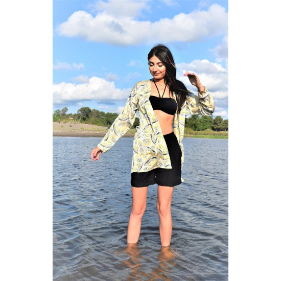 Kadın Sarı Saten Cepli Salaş Renkli Desenli Kimono Ceket Yb3250240