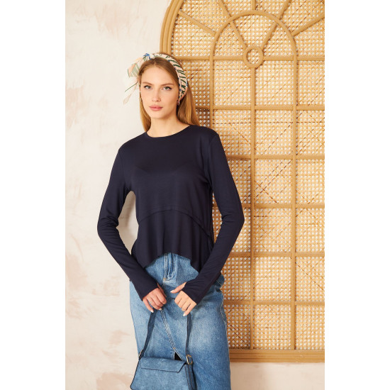 Kadın Laci, Yumuşak, Parmak Eldiven Detaylı, Asimetrik Pliseli Salaş Basic Spor Yoga Bluz 3459150