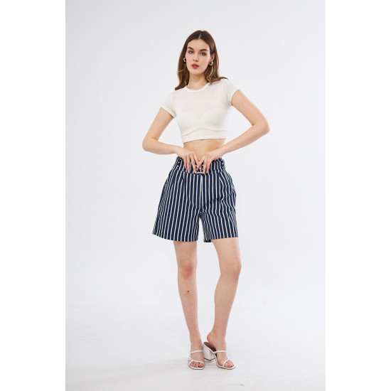 Pasaklı Giyim Kadın Gabardin Kumaş Cepli Kemerli Tokalı Çizgili Kısa Şort Lacivert Beyaz 3562210