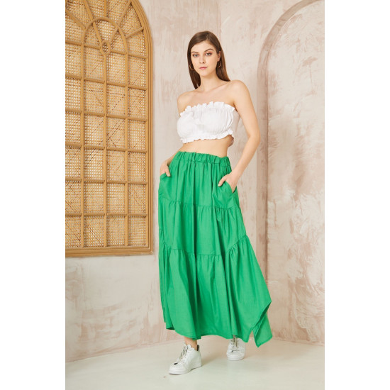 Kadın Cepli Asimetrik Kesim Fırfırlı Beli Lastikli Kloş 3 Kat Salaş Spor Etek 3574260