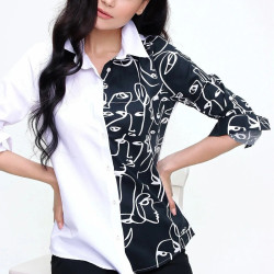 Kadın Siyah Beyaz Yüz Silüetli Uzun Kollu Rahat Tarz Basic Gömlek 7003074200