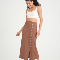Kadın Kahverengi Beli Lastikli Düğme Detaylı Yırtmaçlı Likralı Kaşkorse Uzun Günlük Etek 3599170