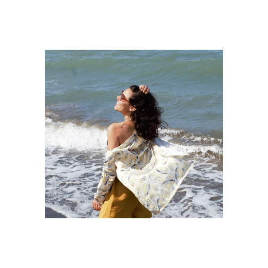 Kadın Sarı Saten Cepli Salaş Renkli Desenli Kimono Ceket Yb3250240