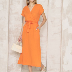 Kadın %100 Pamuk Müslin Turuncu Yırtmaçlı Kruvaze Beli Kuşaklı Salaş Uzun Günlük Elbise 3612330