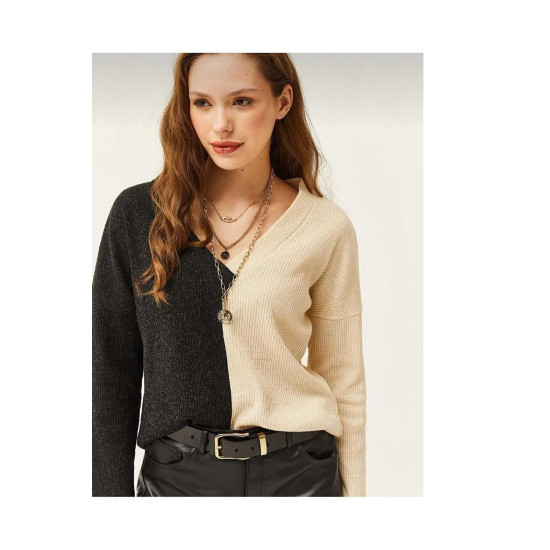 Kadın  V Yaka Uzun Kollu Iki Renkli Kışlık Kazak 2778200 Vizon Antrasit