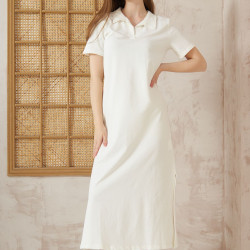 Kadın Beyaz Yırtmaçlı Tam Kalıp Polo Yaka Kısa Kollu Uzun Günlük Rahat Spor Elbise 3525250
