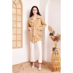 Kadın Kaşe Camel Cepli Kuşaklı Ceket Yaka Astarsız Kısa Oversize Salaş Kışlık Hırka Kaban 3296300