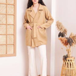Kadın Kaşe Camel Cepli Kuşaklı Ceket Yaka Astarsız Kısa Oversize Salaş Kışlık Hırka Kaban 3296300