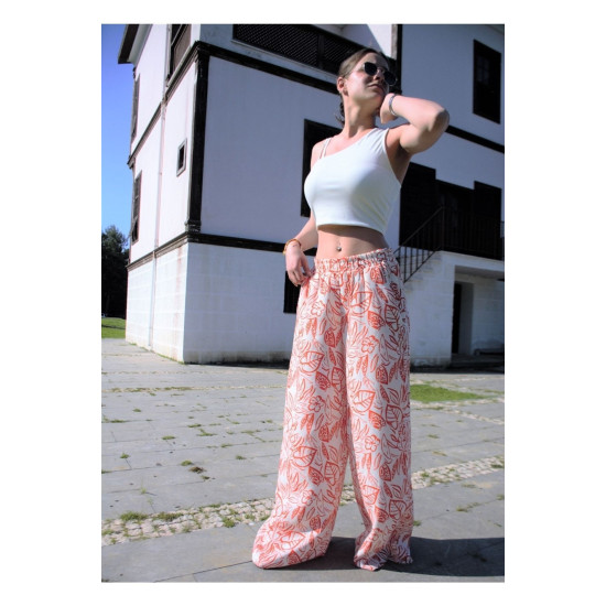 Kadın Keten Turuncu Beyaz Desenli Beli Lastikli Cepli Bol Paça Oversize Salaş Pantolon 3369220