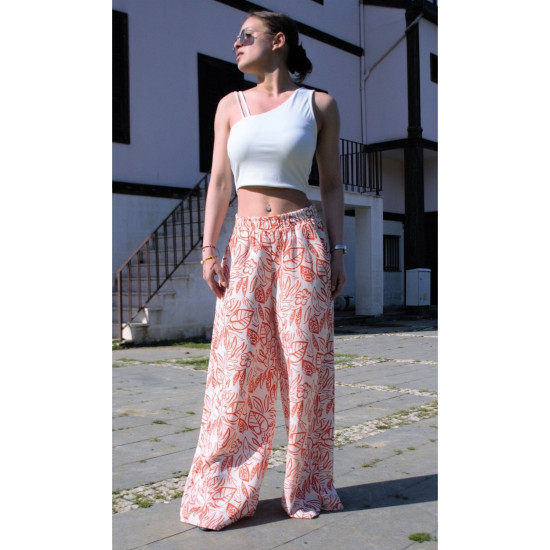 Kadın Keten Turuncu Beyaz Desenli Beli Lastikli Cepli Bol Paça Oversize Salaş Pantolon 3369220