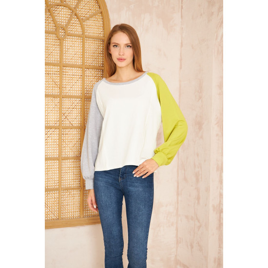 Kadın Beyaz Fıstık Yeşil Gri Yuvarlak Yaka Dikiş Detaylı Uzun Kollu Sweatshirt Bluz 3472200