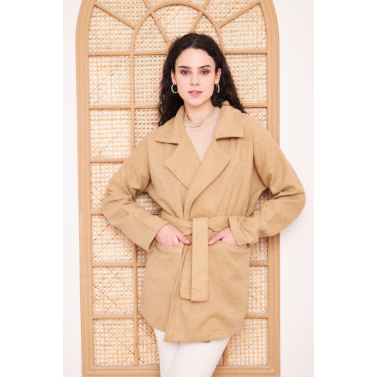 Kadın Kaşe Camel Cepli Kuşaklı Ceket Yaka Astarsız Kısa Oversize Salaş Kışlık Hırka Kaban 3296300